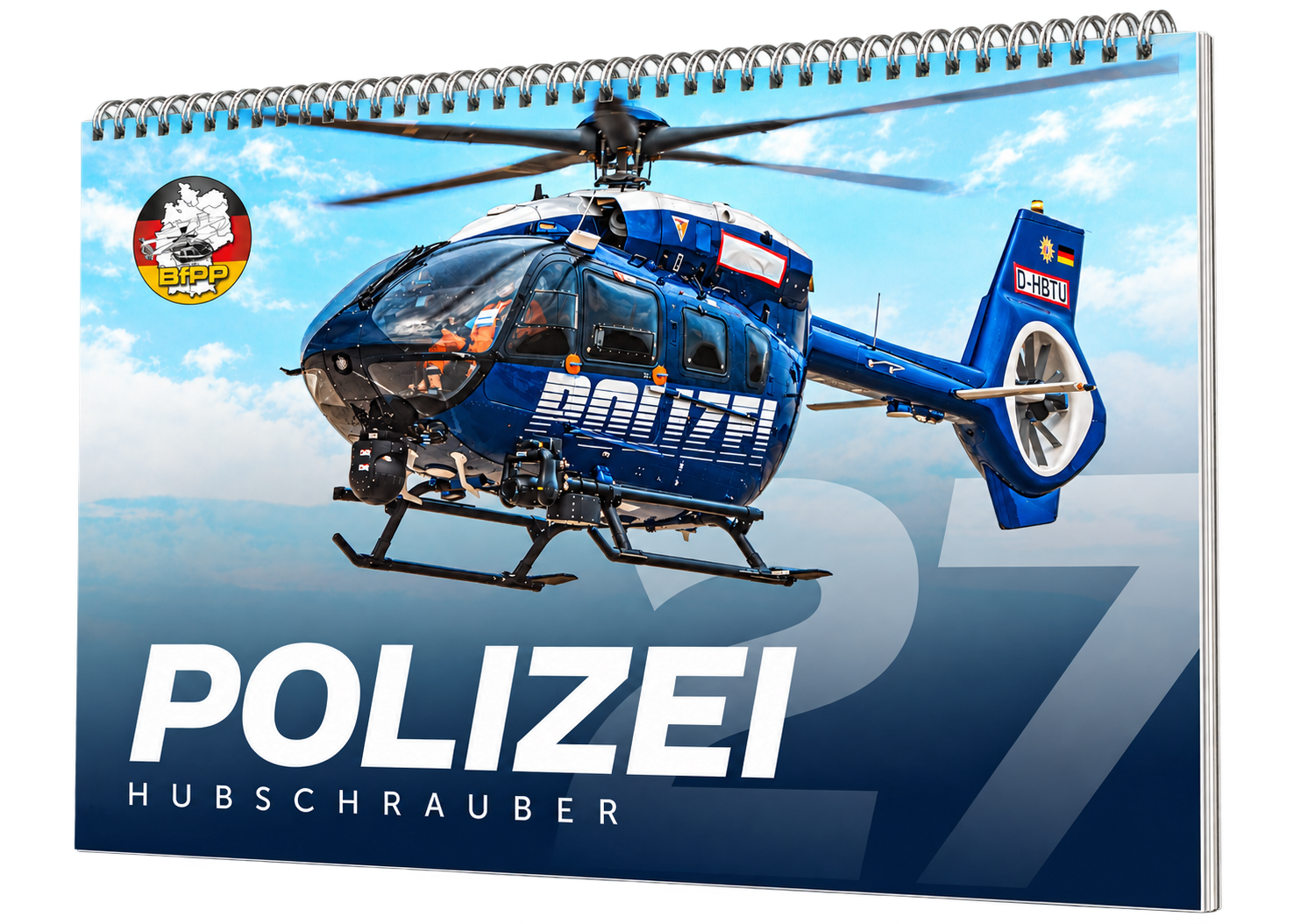 BFPP Polizei-Hubschrauber-Kalender 2027 mit Spiralbindung – Titelmotiv mit blauem Polizeihubschrauber